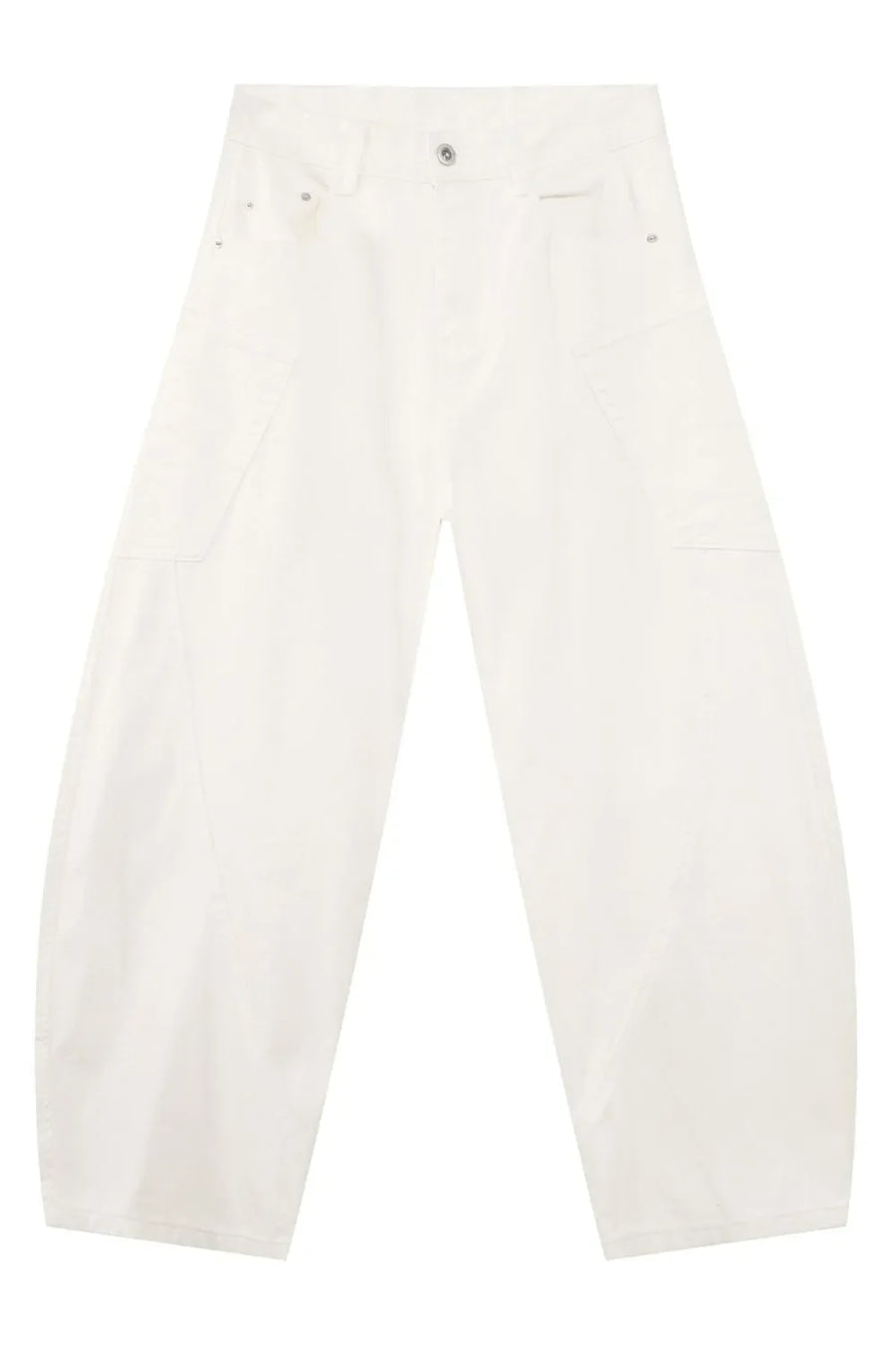 White wide leg trousers with sculpted pocket details and a casual chic style.