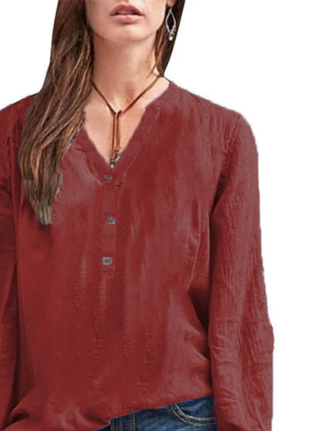 Burgundy long-sleeve blouse with V-neck and button detail