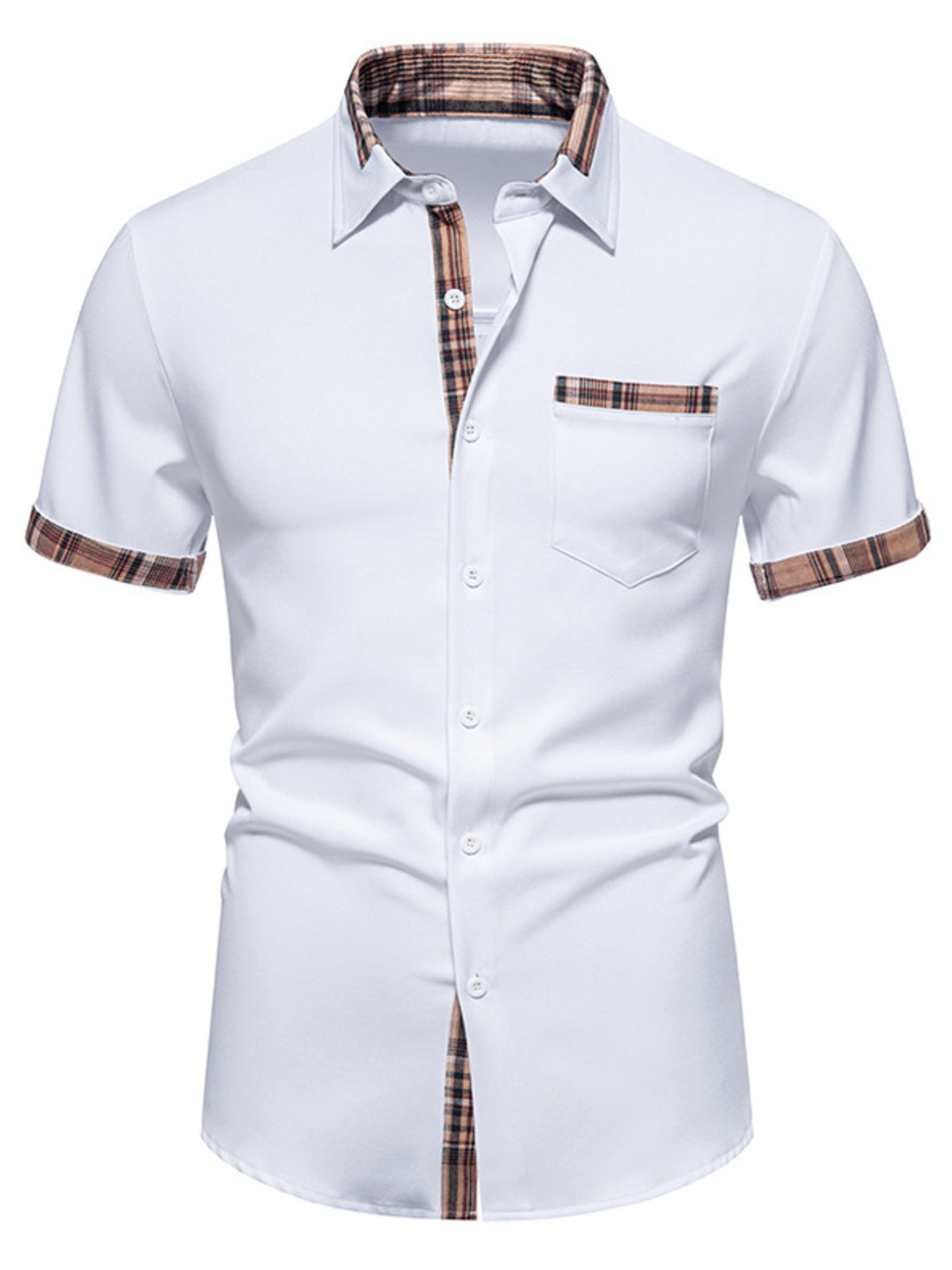 White short sleeve button-down shirt with plaid collar, pocket, and cuffs
