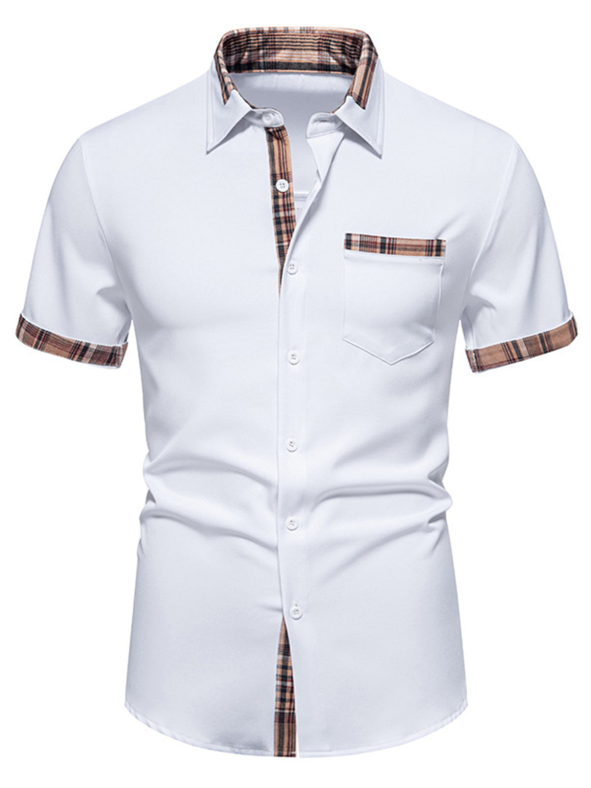 White short sleeve button-down shirt with plaid collar, pocket, and cuffs