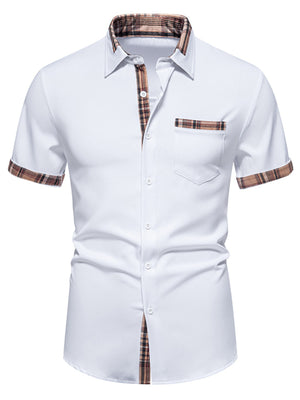 White short sleeve button-down shirt with plaid collar, pocket, and cuffs