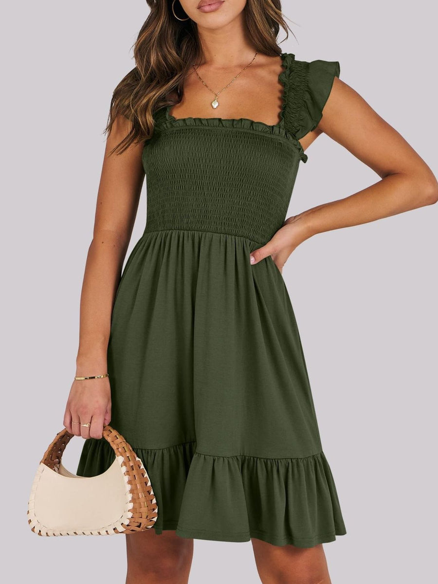 Army green smocked mini dress with ruffle hem and square neckline.