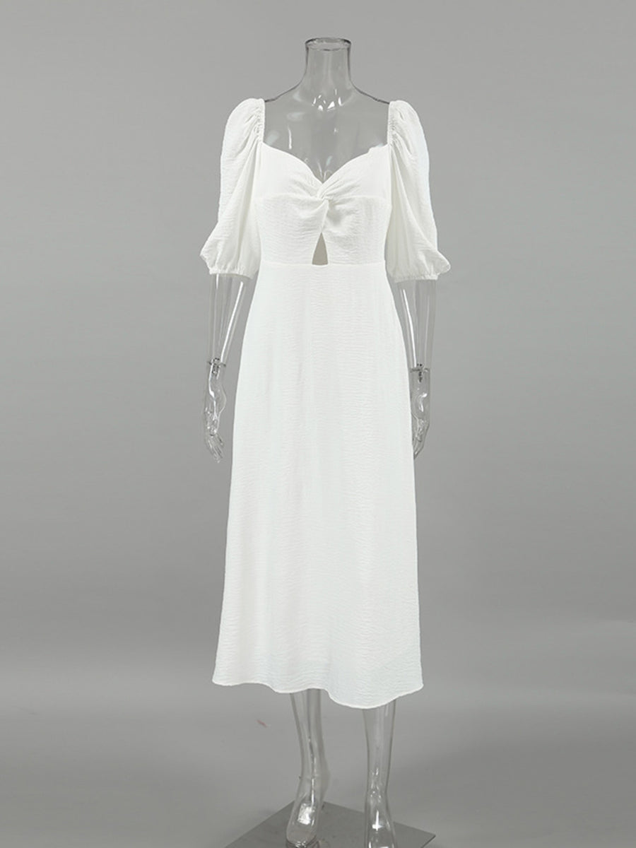 White off-shoulder midi dress with twisted sweetheart neckline and cutout detail