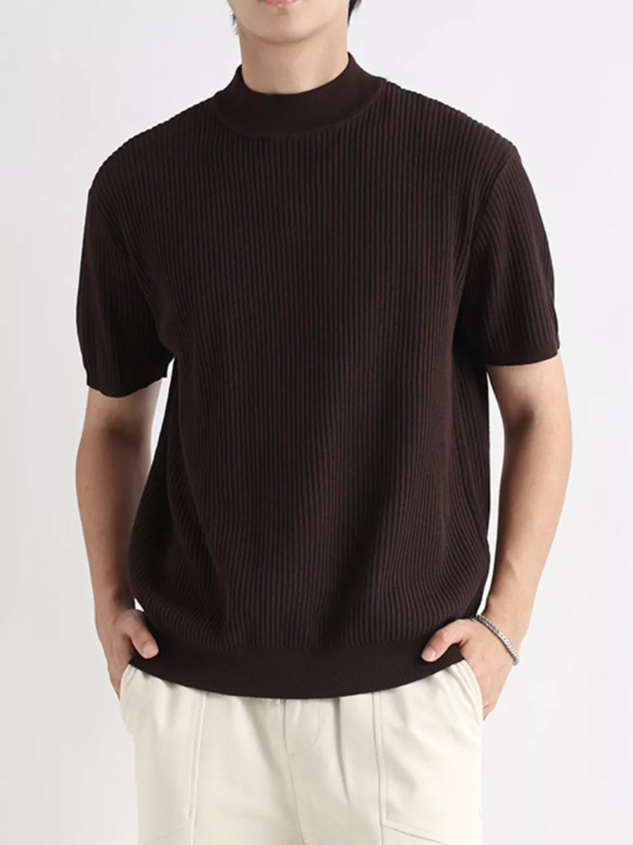 Men's dark brown ribbed knit mock neck t-shirt with short sleeves.