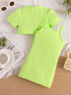 Light Green Toddler Crop Top and Dress Set with puff sleeves and spaghetti straps.
