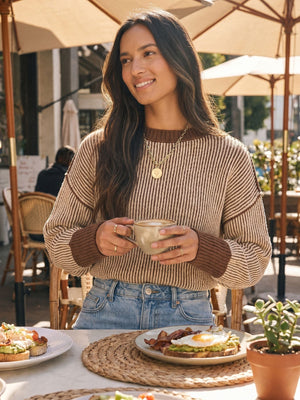 pullover sweater in brown with striped and ribbed knit