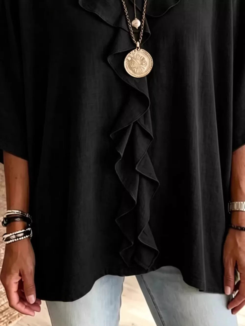 Full Size Ruffled V-neck 3/4 Sleeve Blouse in Black with frill