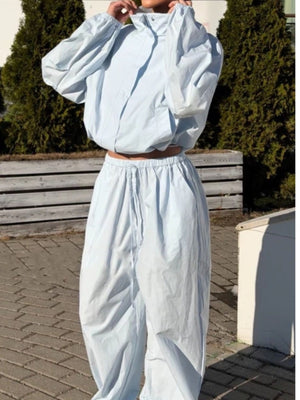 Drawstring Hem Crop Jacket And Wide-Leg Pant Set in black