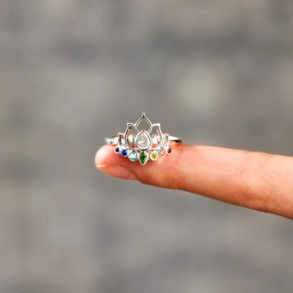 Sterling silver ring with lotus design and colorful chakra stones.