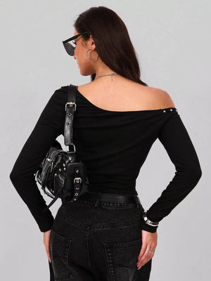 Black one shoulder t-shirt with studded detail on the neckline and long sleeves.