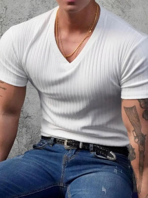 White ribbed slim-fit v-neck tee with short sleeves.