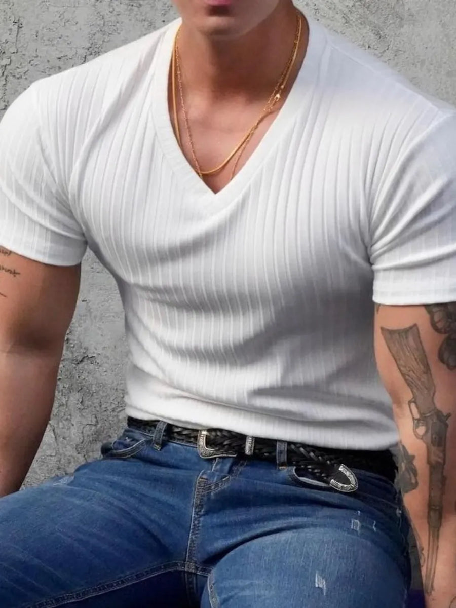 White ribbed slim-fit v-neck tee with short sleeves.