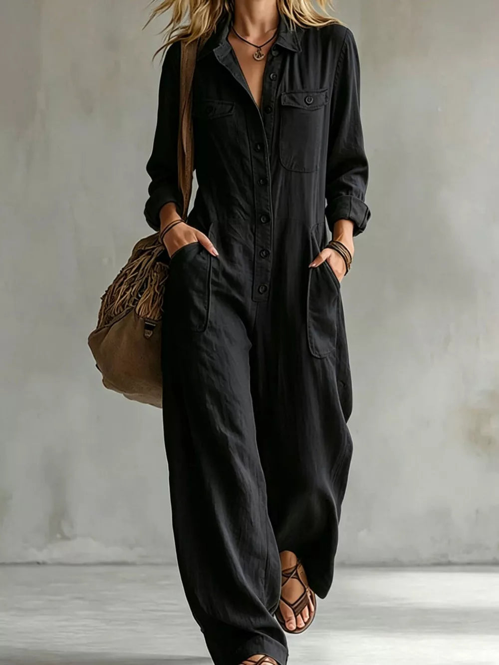 Green jumpsuit with full-length and button-front