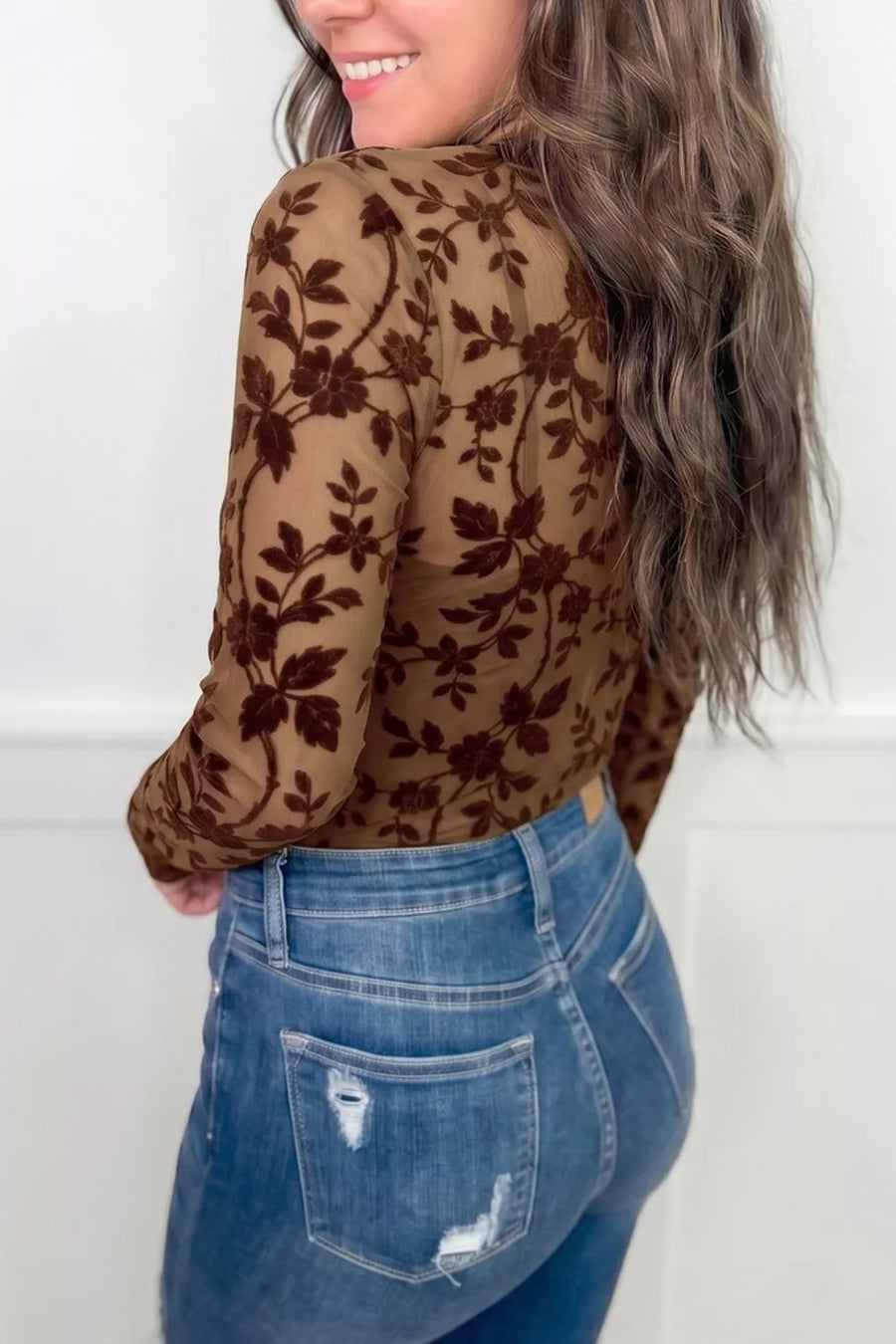 Brown with Floral Mesh Long Sleeve Sheath Top