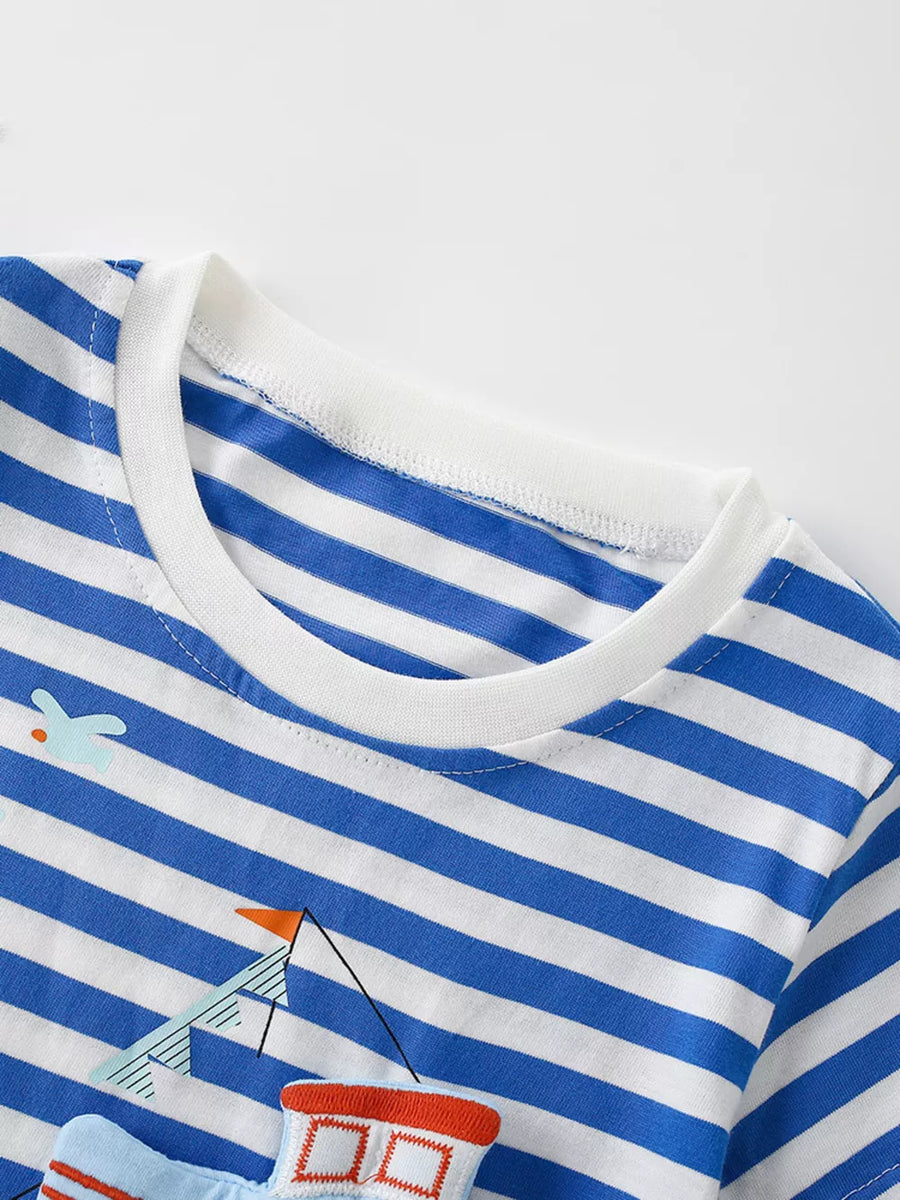 Children's blue and white striped short sleeve tee with boat applique detail.