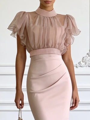 100% polyester Care instructions: Machine wash cold midi dress in blush pink with fitted silhouette