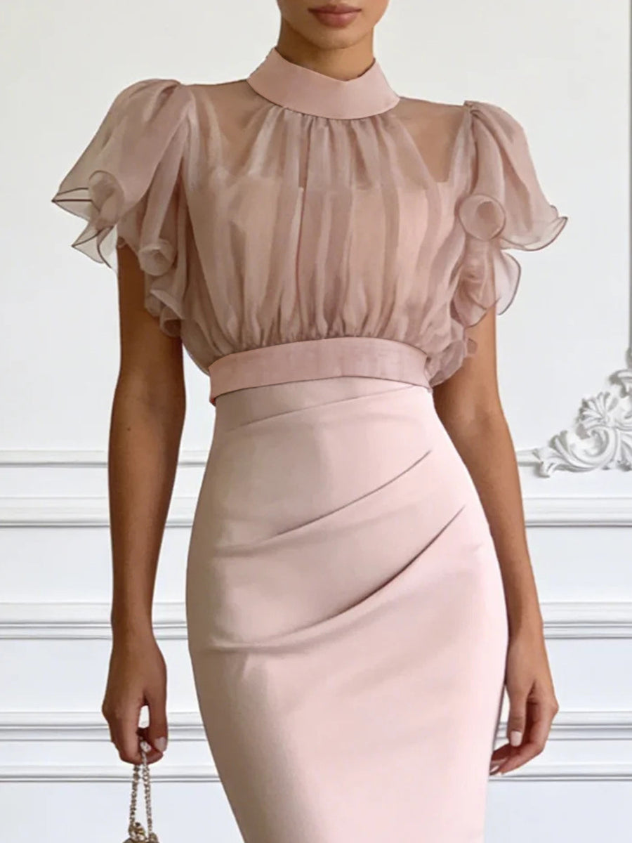 100% polyester Care instructions: Machine wash cold midi dress in blush pink with fitted silhouette