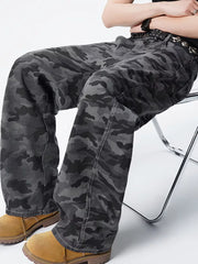 Men's relaxed fit dark grey camouflage cargo pants with visible stitching details.