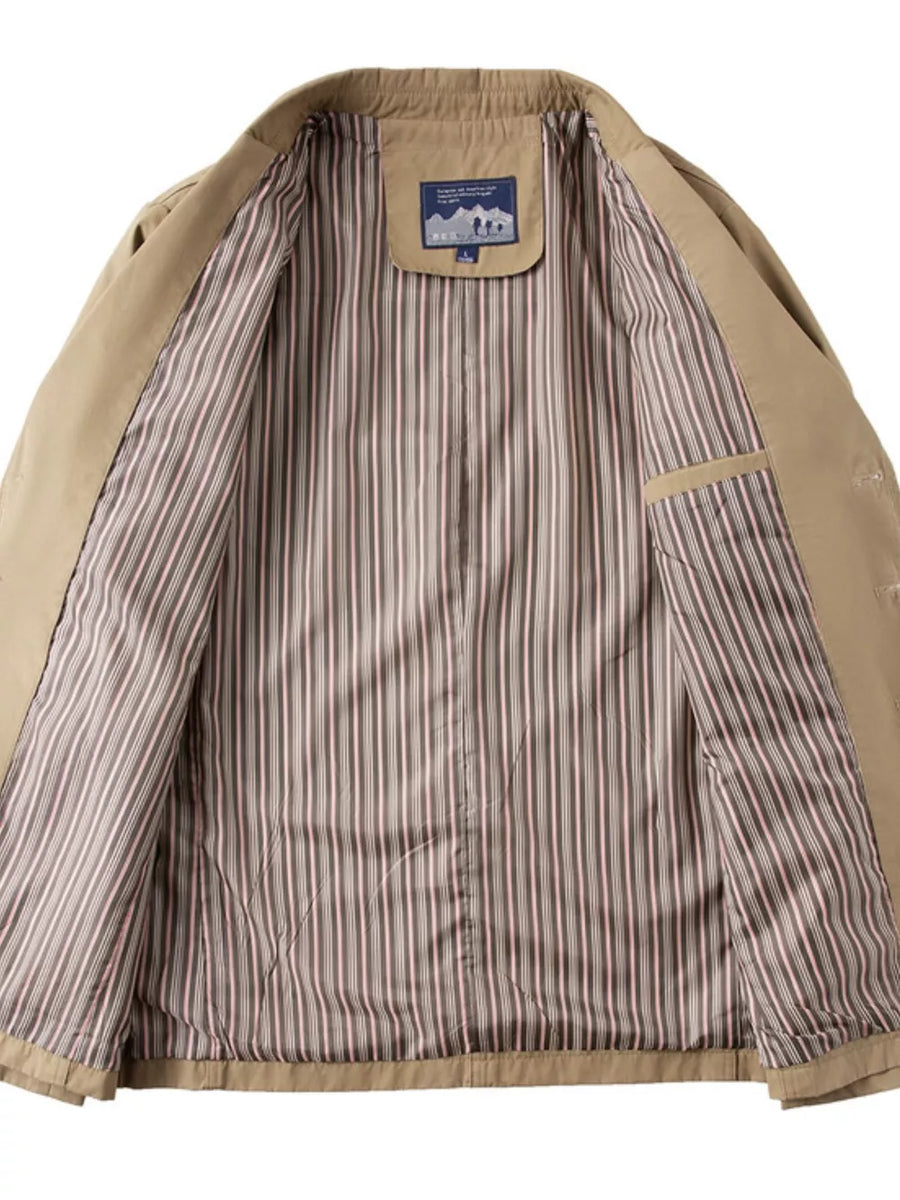Khaki cotton lapel blazer interior with striped lining and pocket detail.