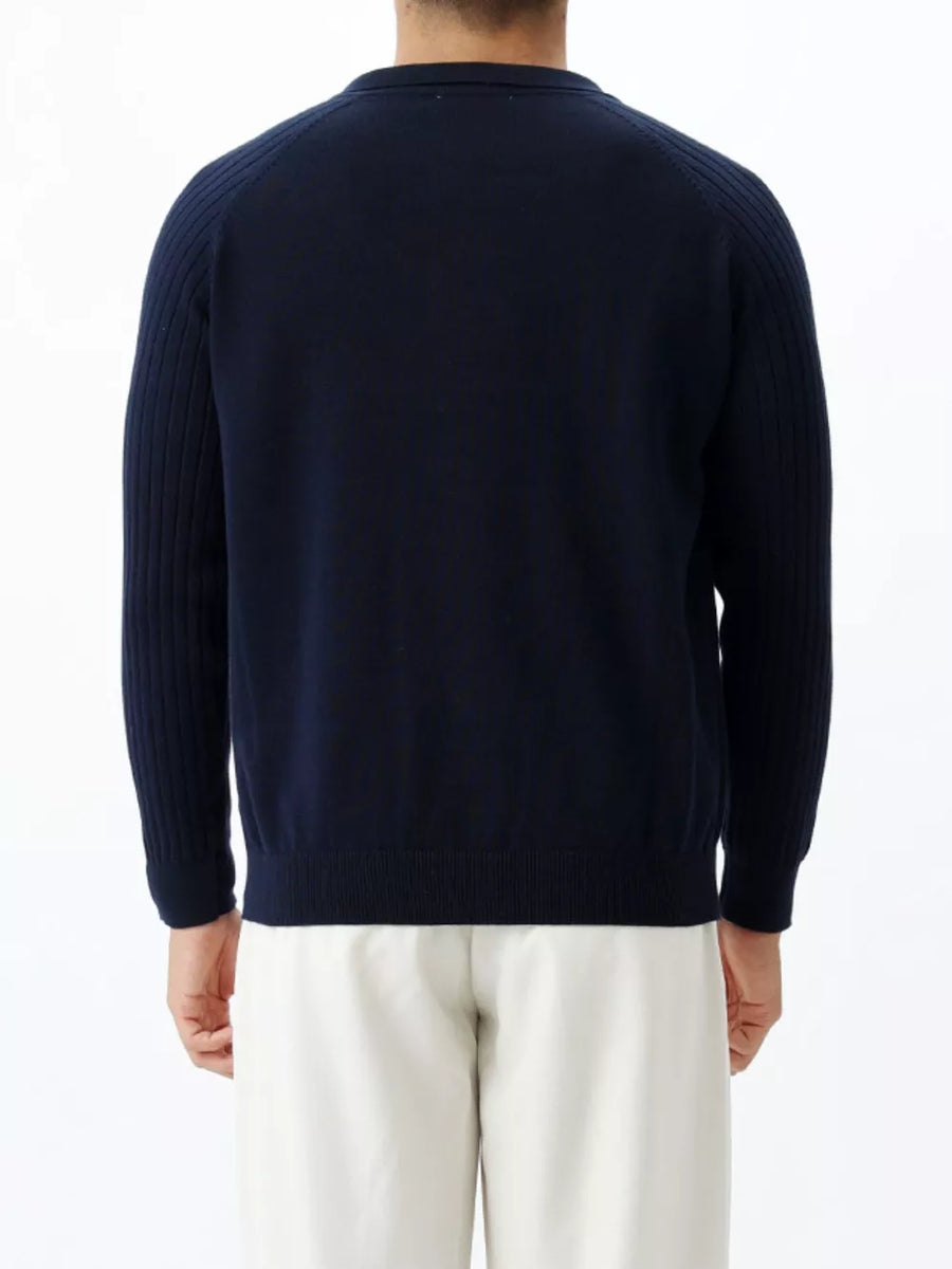 Men's navy ribbed sleeve knit top with a classic fit.