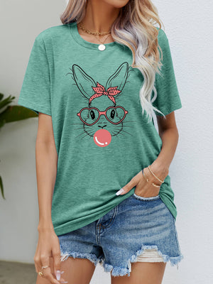 Gum Leaf green t-shirt with a graphic of a bunny wearing glasses and a bandana, blowing bubblegum.