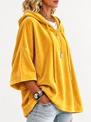 Velvet Half Sleeve Hoodie Plus Size in Pink with drawstring
