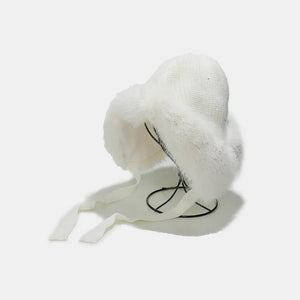 Ivory faux fur trim trapper hat with ties, acrylic knit.