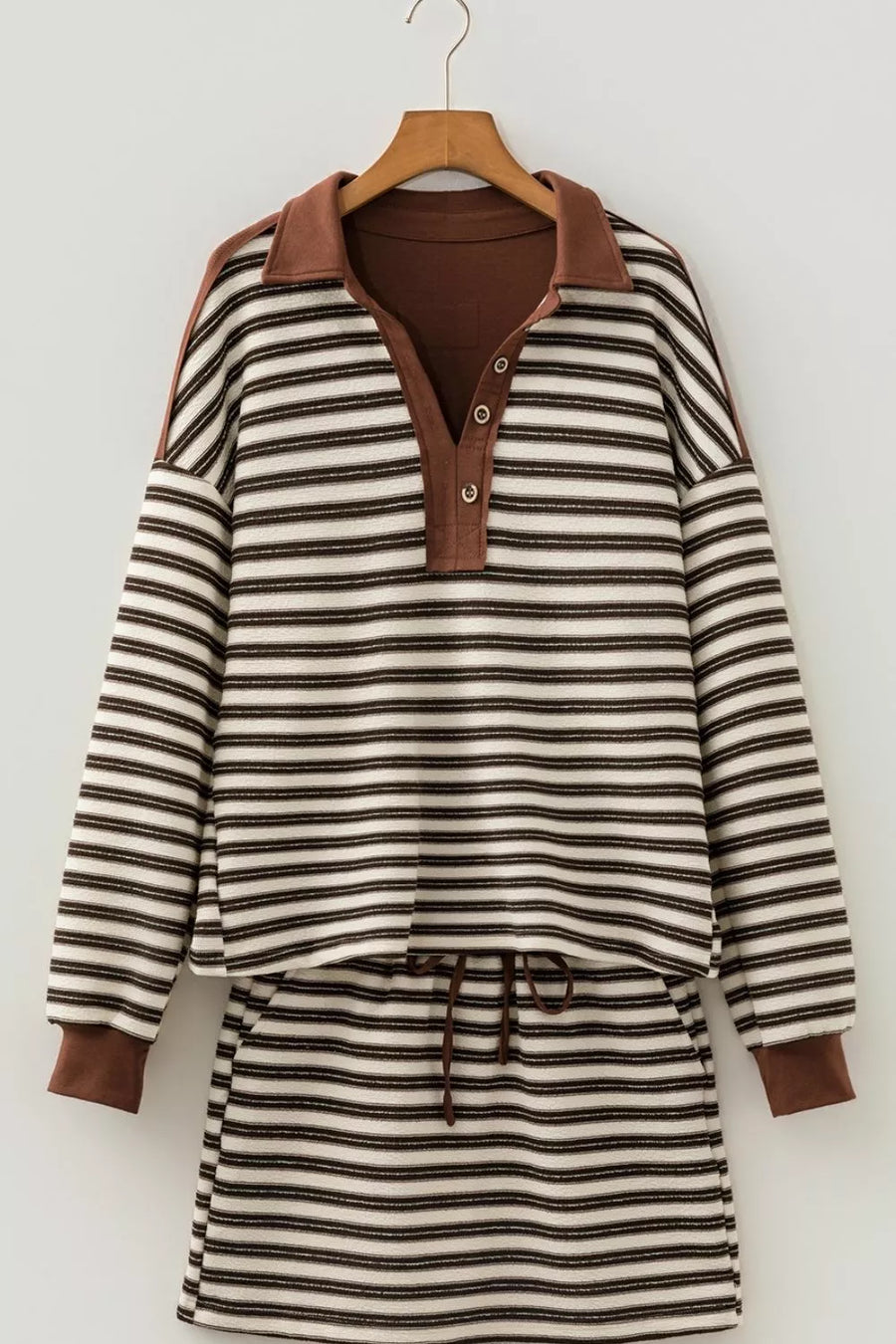 Striped Contrast Trim Button Neck Top & Mini Skirt Set option 7