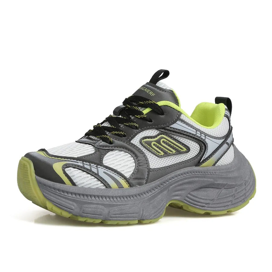 Chunky retro runner sneakers in white with neon yellow and grey accents.