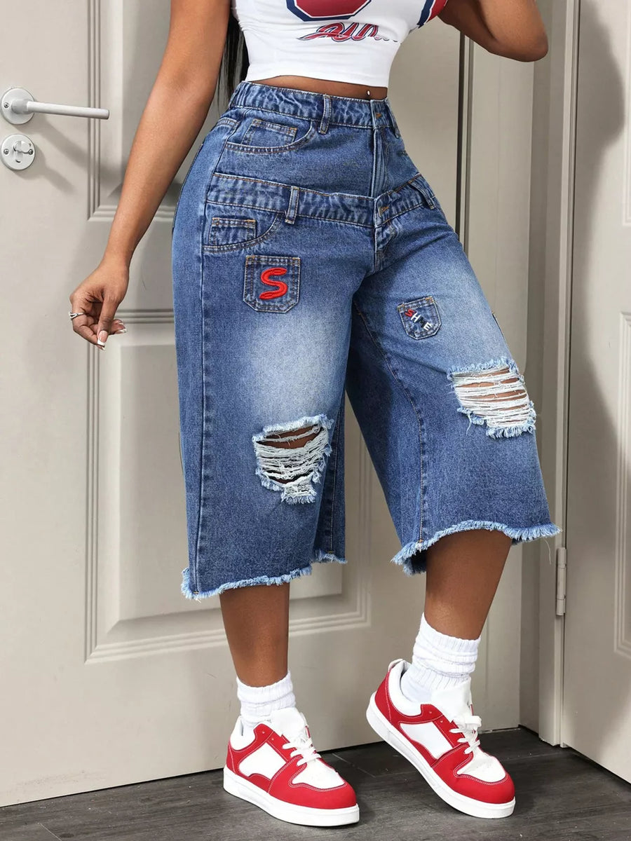 Distressed Wide-leg Denim Capris in this colorway