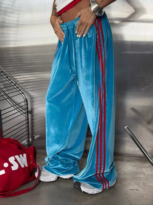 Contrast Side Stripes Wide-leg Pants in Green with contrast stitching