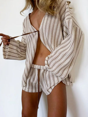 lounge set featuring striped in Camel with 70% polyester, 30% cotton Care instructions: Machine wash cold texture