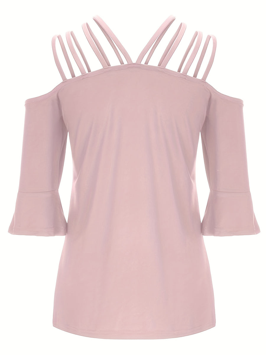 Blush pink cold shoulder blouson with strappy neckline and flared 3/4 sleeves.