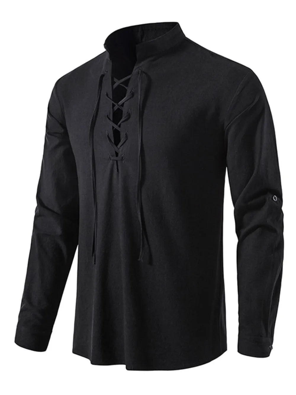 Black linen lace-up shirt with mandarin collar and long sleeves
