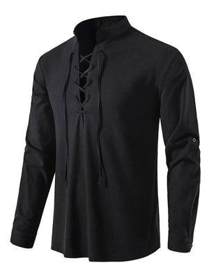 Black linen lace-up shirt with mandarin collar and long sleeves