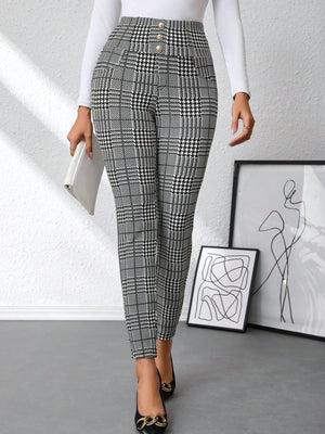 Plaid high waist slim fit ankle length pants with decorative buttons.