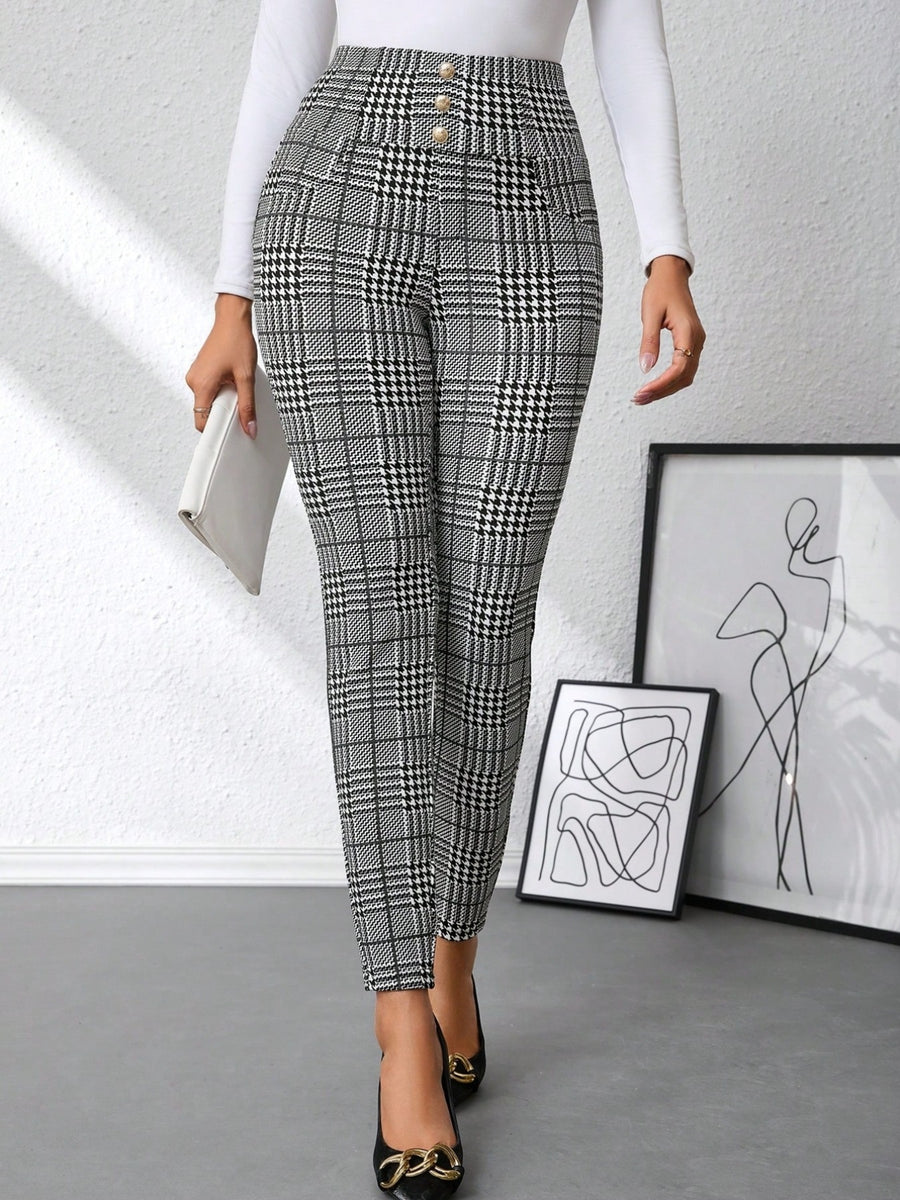 Plaid high waist slim fit ankle length pants with decorative buttons.