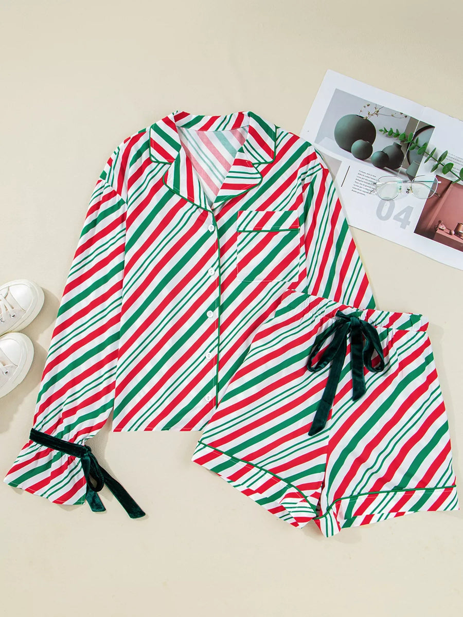 Pajama set with red and green stripes, buttoned top, and shorts with velvet ribbon tie.