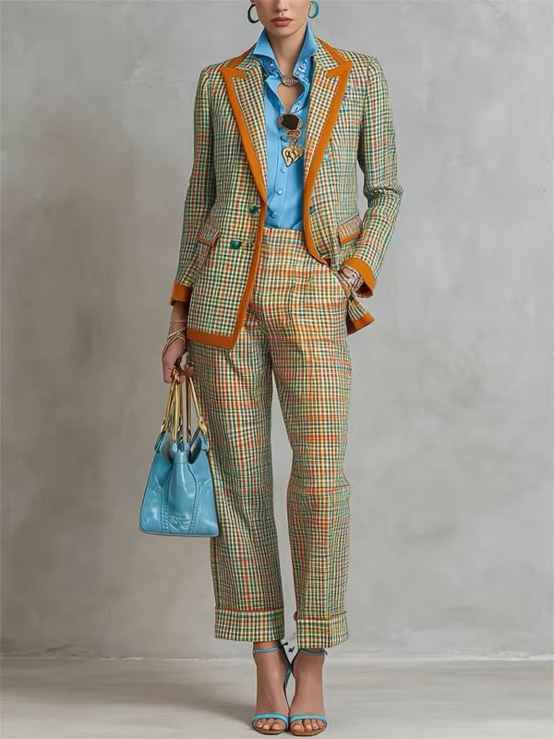 suit set in Sherbet with plaid and buttoned
