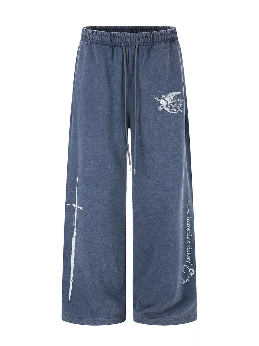 Black with Men's Drawstring Wide-leg Sweatpants in Black