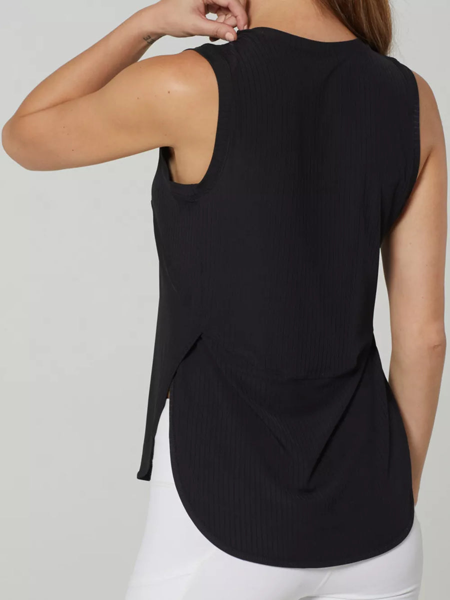 Black ribbed knit sleeveless top with a high-low hem and side slits