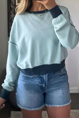 Pastel Blue Contrast Edge Colorblock Crop Sweatshirt