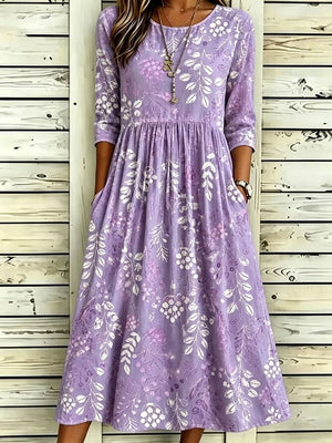 lavender midi dress with floral and round neck