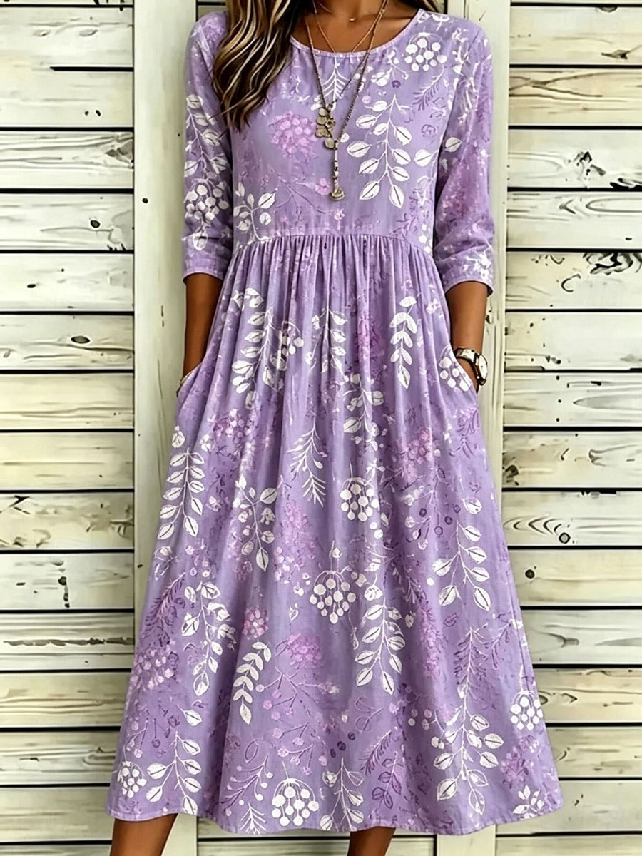 lavender midi dress with floral and round neck
