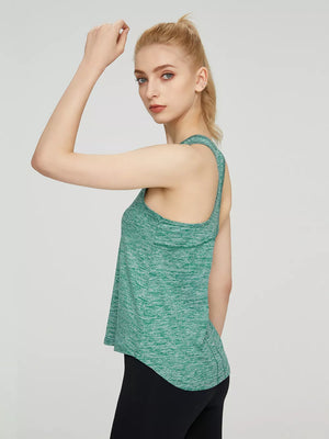 Green heathered athletic tank top with racerback and curved hem