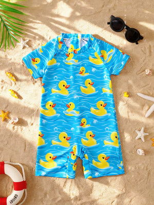 Baby one-piece swimsuit with short sleeves and a blue duck print pattern.