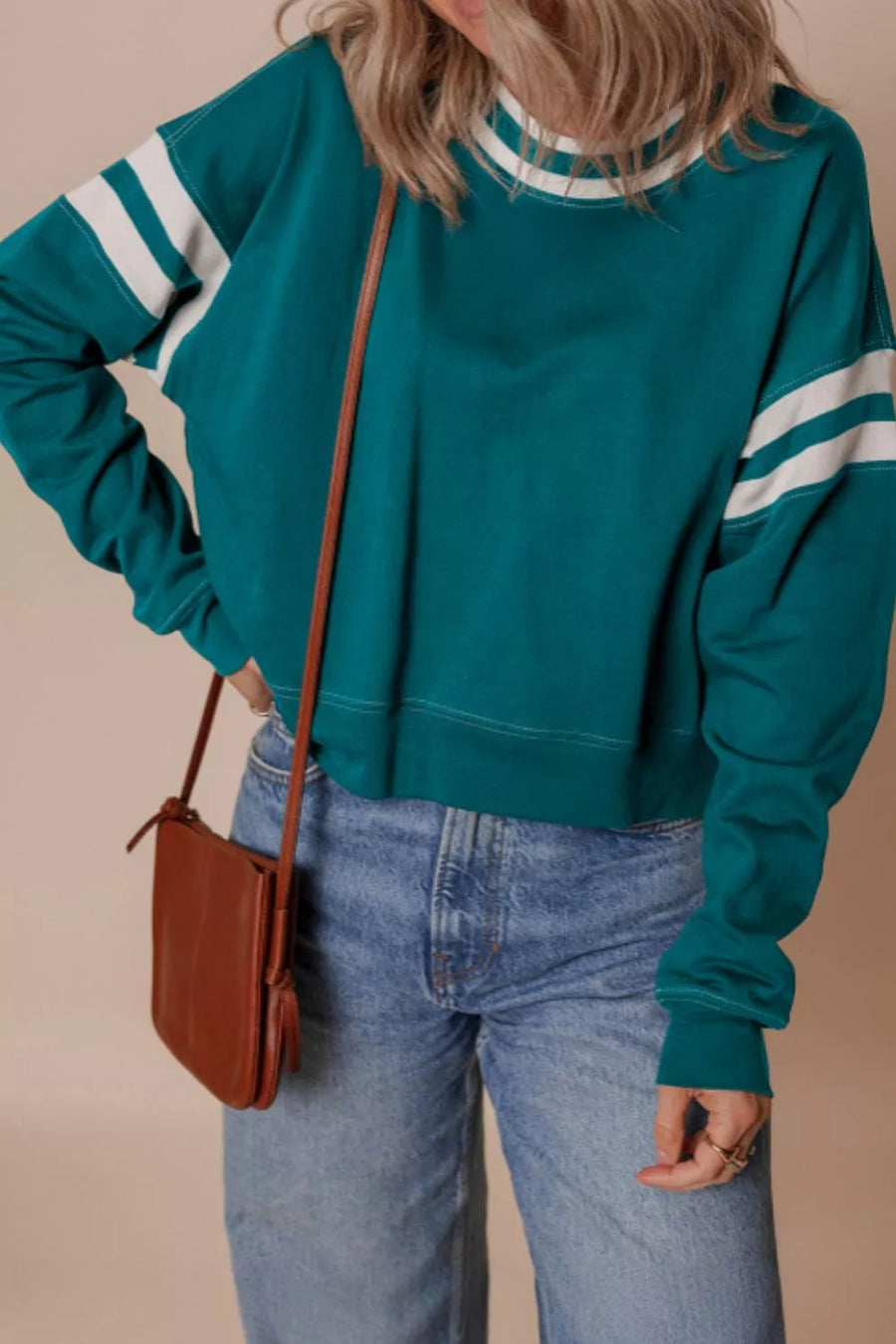 French Blue with Contrast Striped Patchwork Sweatshirt