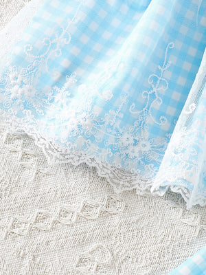 Baby blue gingham cotton set with white lace trim and floral appliques.