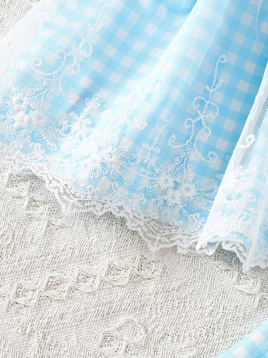 Baby blue gingham cotton set with white lace trim and floral appliques.