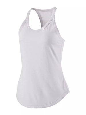 White racerback tank top with a curved hem